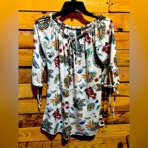 Lildy drawstring tie tunic blouse shirt flower boho floral size S -M